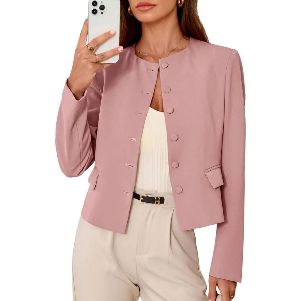 Women's Pink Blazers Business Casual Outfits Fall Fashion Long Sleeve Jacket